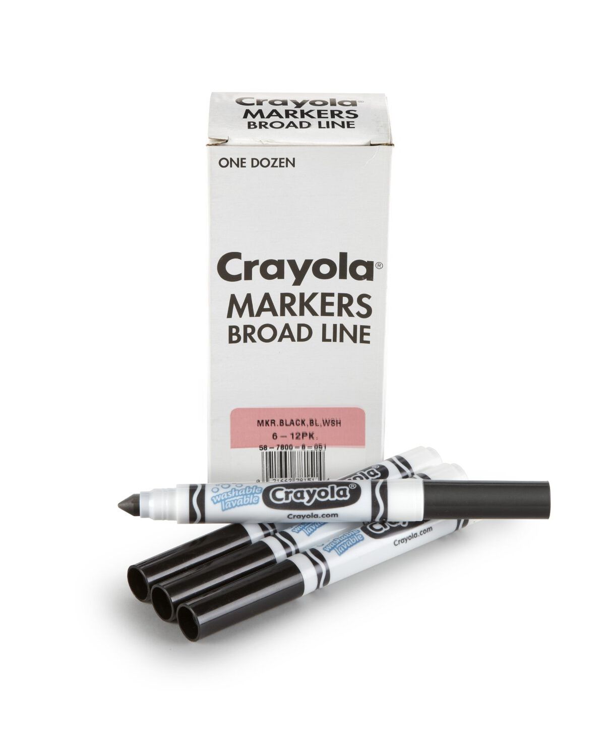 Single color ultra-clean washable markers, conical tip, 12 count. Black packaging and contents with one maker uncapped.
