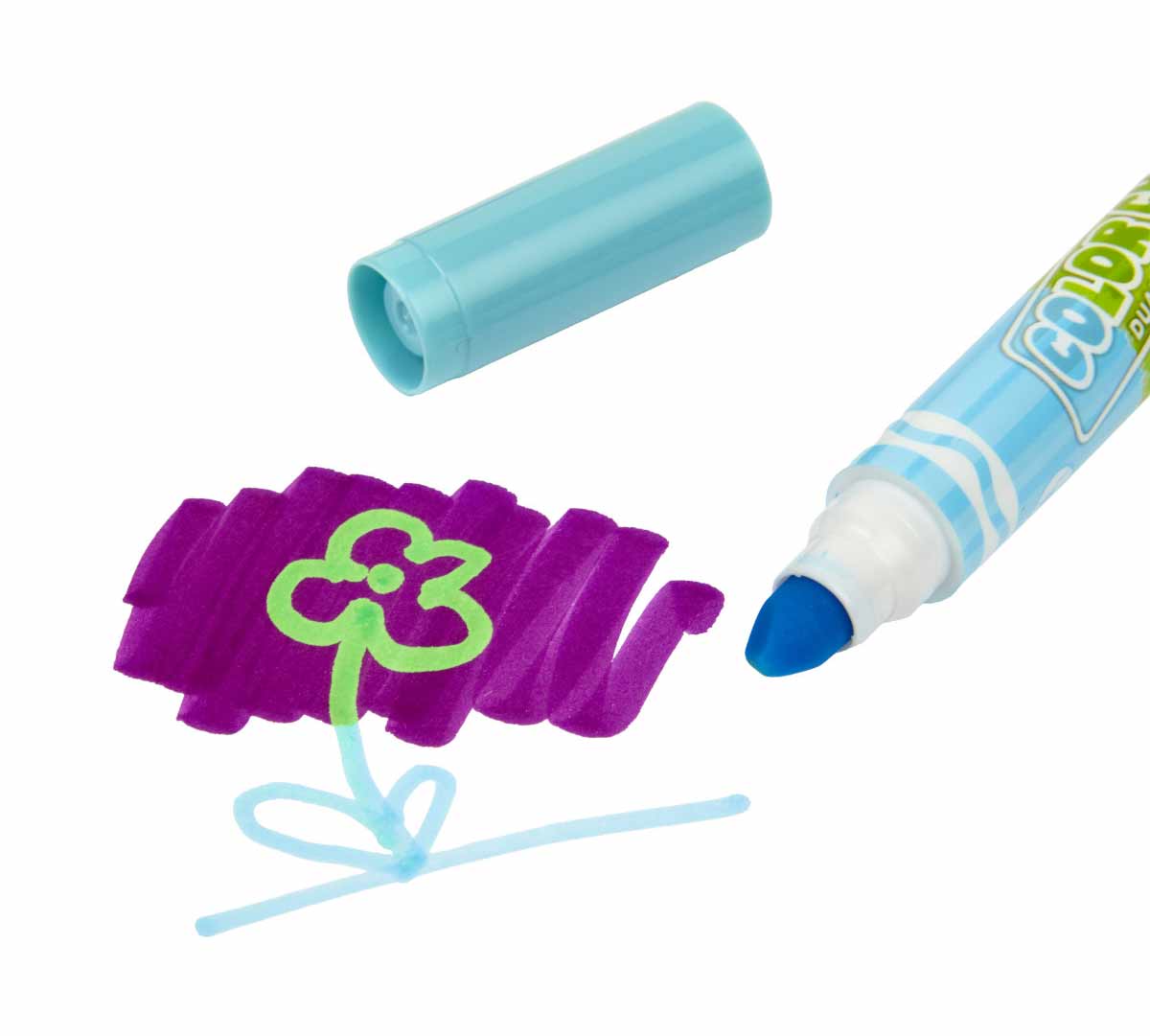 Dual-Ended Color Changing Markers  8 count.  Sky Blue marker drawing flower over red violet color swash.