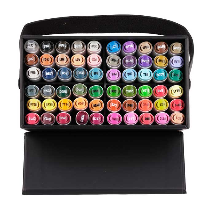 Crayola Dual-Tip Alcohol-Based Markers, 60 count set contents in carry case.
