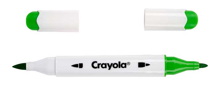 Crayola Dual-Tip Alcohol-Based Markers, 60 count set dual tip marker with tops off.