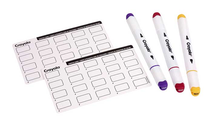 Crayola Dual-Tip Alcohol-Based Markers, 60 count set. three markers and two swatch sheets.