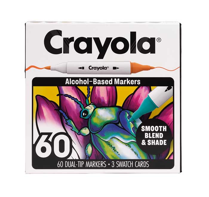 Crayola Dual-Tip Alcohol-Based Markers, 60 count set front view.