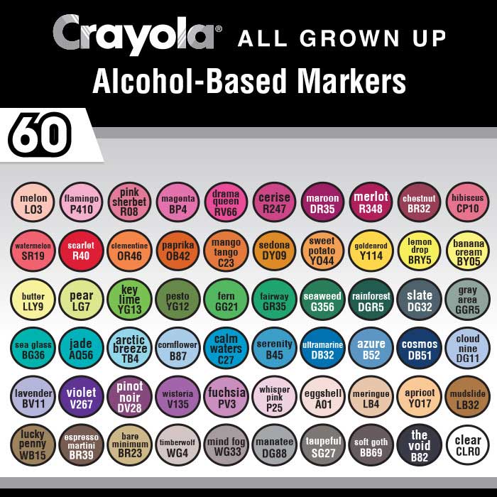 Crayola Dual-Tip Alcohol-Based Markers, 60 count set. color swatches.
