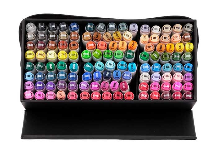 Crayola Dual Tip Alcohol Marker Set for Adults, 120 count set. contents in carry case.