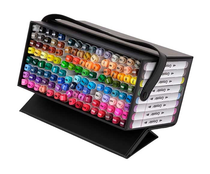 Crayola Dual Tip Alcohol Marker Set for Adults, 120 count set. right-side view of makers in open case.