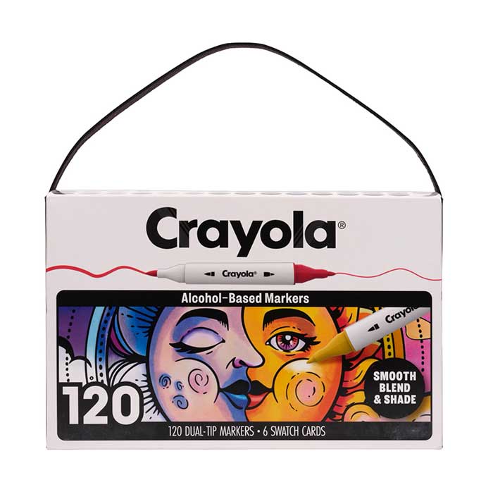 Crayola Dual Tip Alcohol Marker Set for Adults, 120 count set front view.