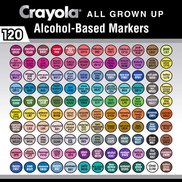 Crayola Dual Tip Alcohol Marker Set for Adults, 120 count set color swatches.