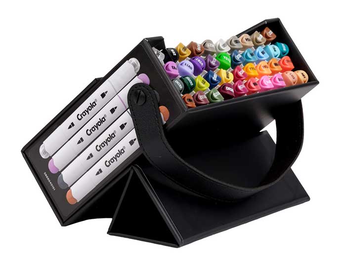 Crayola Alcohol-Based Markers, 40 count set. Open marker case right-side view with contents.
