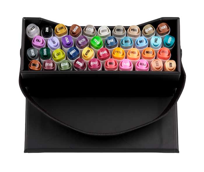 Crayola Alcohol-Based Markers, 40 count set. open carry case with markers.