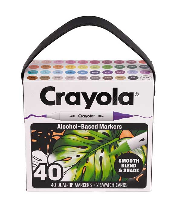 Crayola Alcohol-Based Markers, 40 count set top and front view with carry handle up.