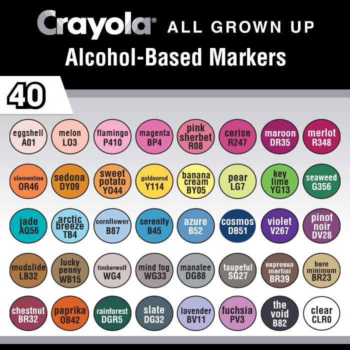 Crayola Alcohol-Based Markers, 40 count set color swatches.