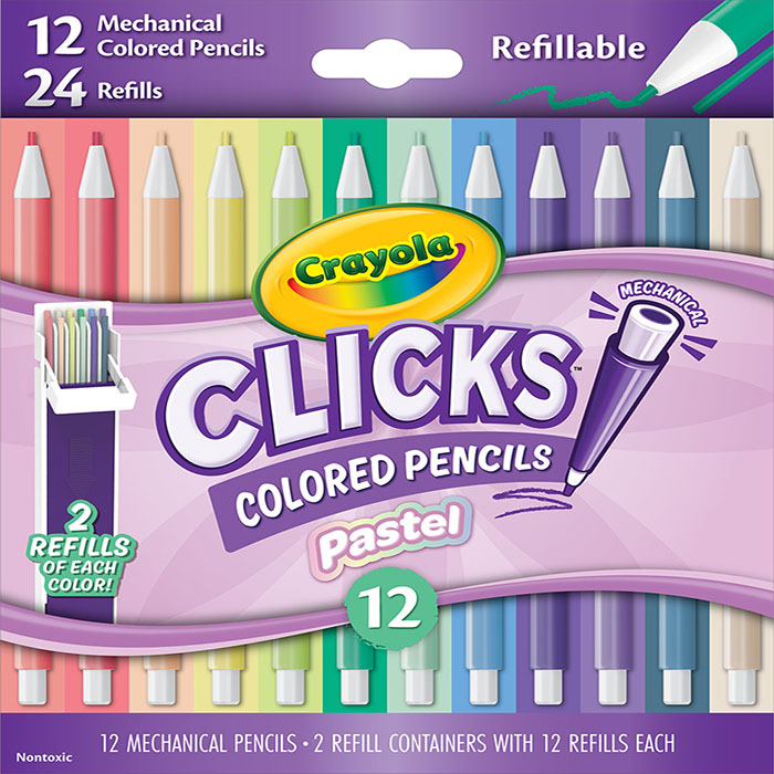 Crayola Clicks Mechanical Colored Pencil Set, 12 Pastel Colors. front view.