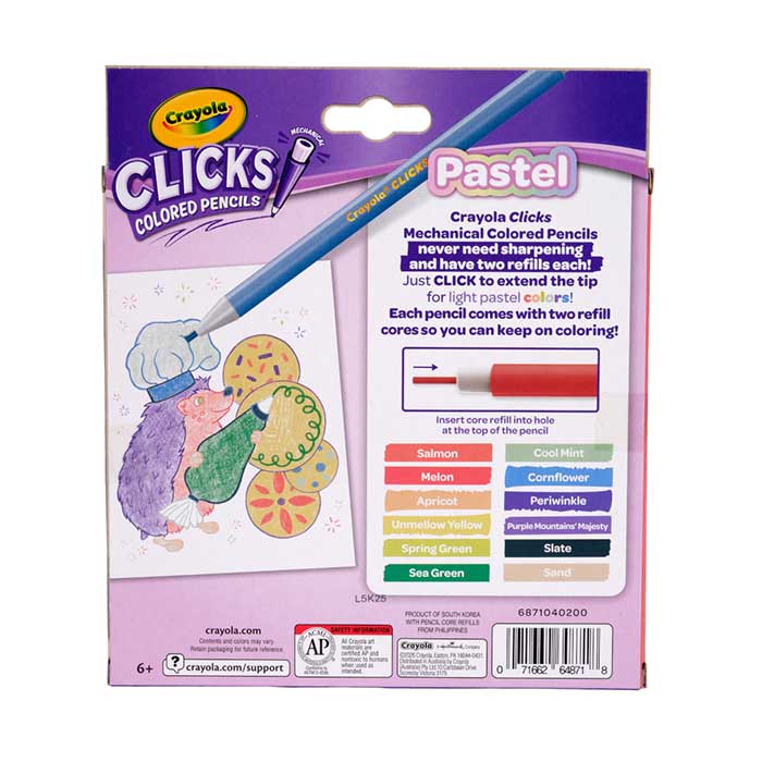 Crayola Clicks Mechanical Colored Pencil Set, 12 Pastel Colors back view.