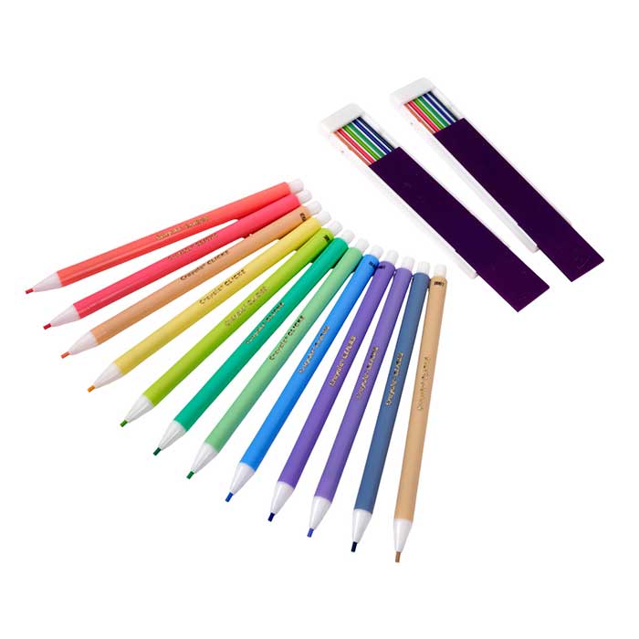 Crayola Clicks Mechanical Colored Pencil Set, 12 Pastel Colors. contents.