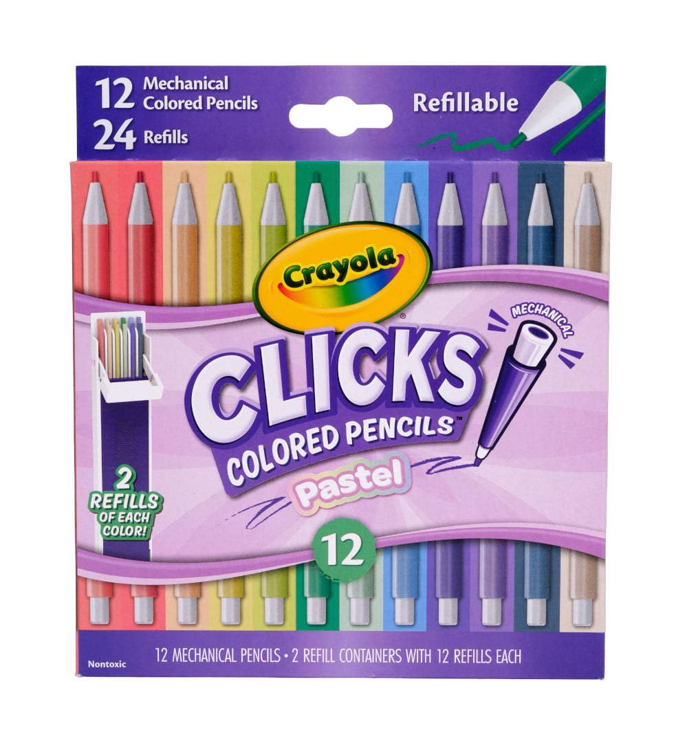 Crayola Clicks Mechanical Colored Pencil Set, 12 Pastel Colors. front view.
