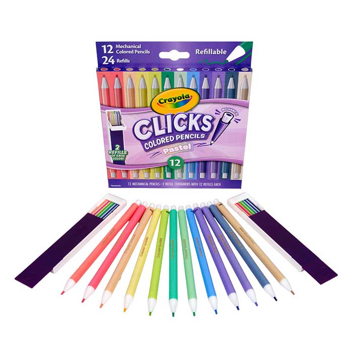 Crayola Clicks Mechanical Colored Pencil Set, 12 Pastel Colors, packaging and contents.