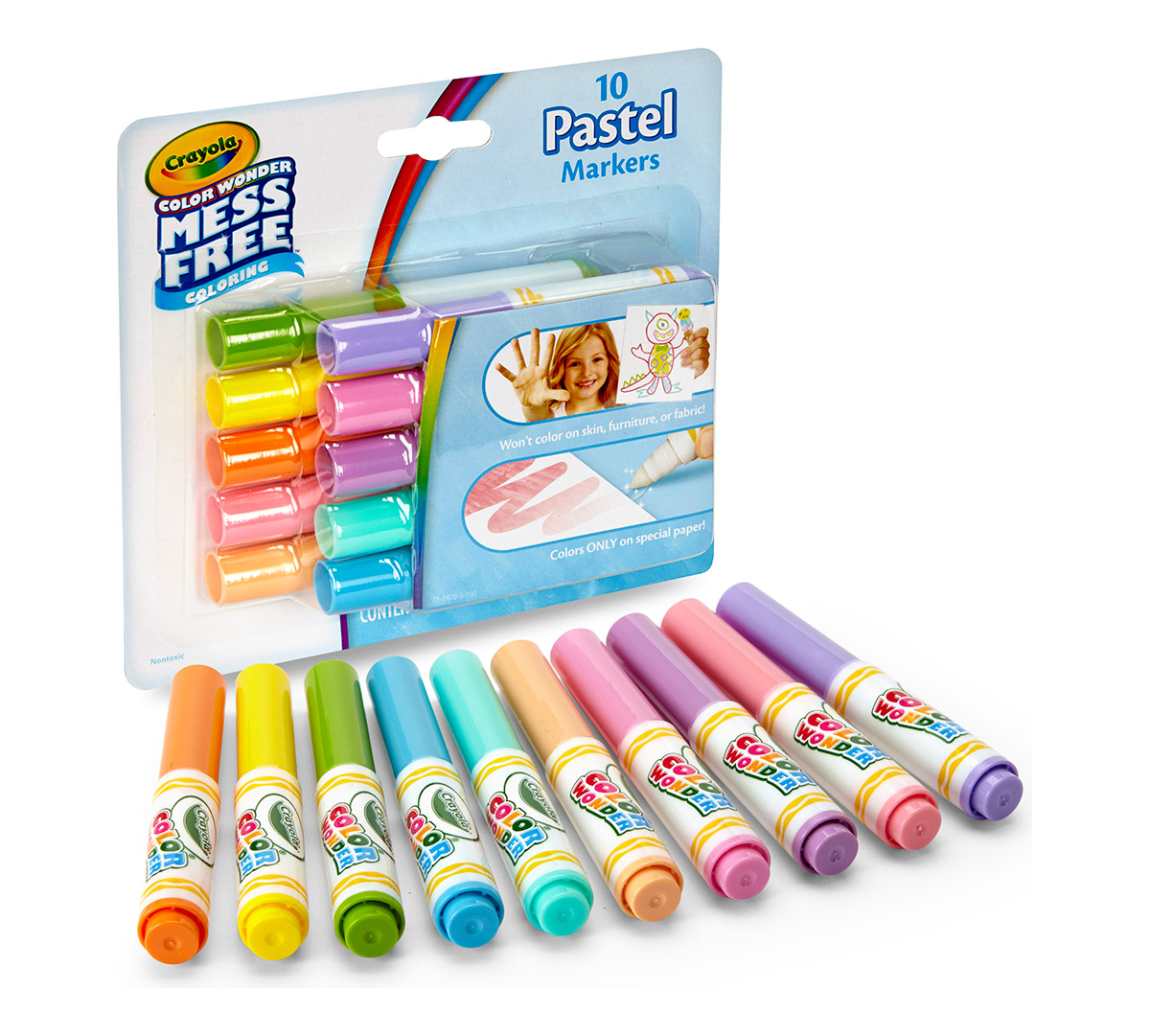 Color Wonder Mess Free Mini Markers, Pastel colors, 10 count. packaging and contents