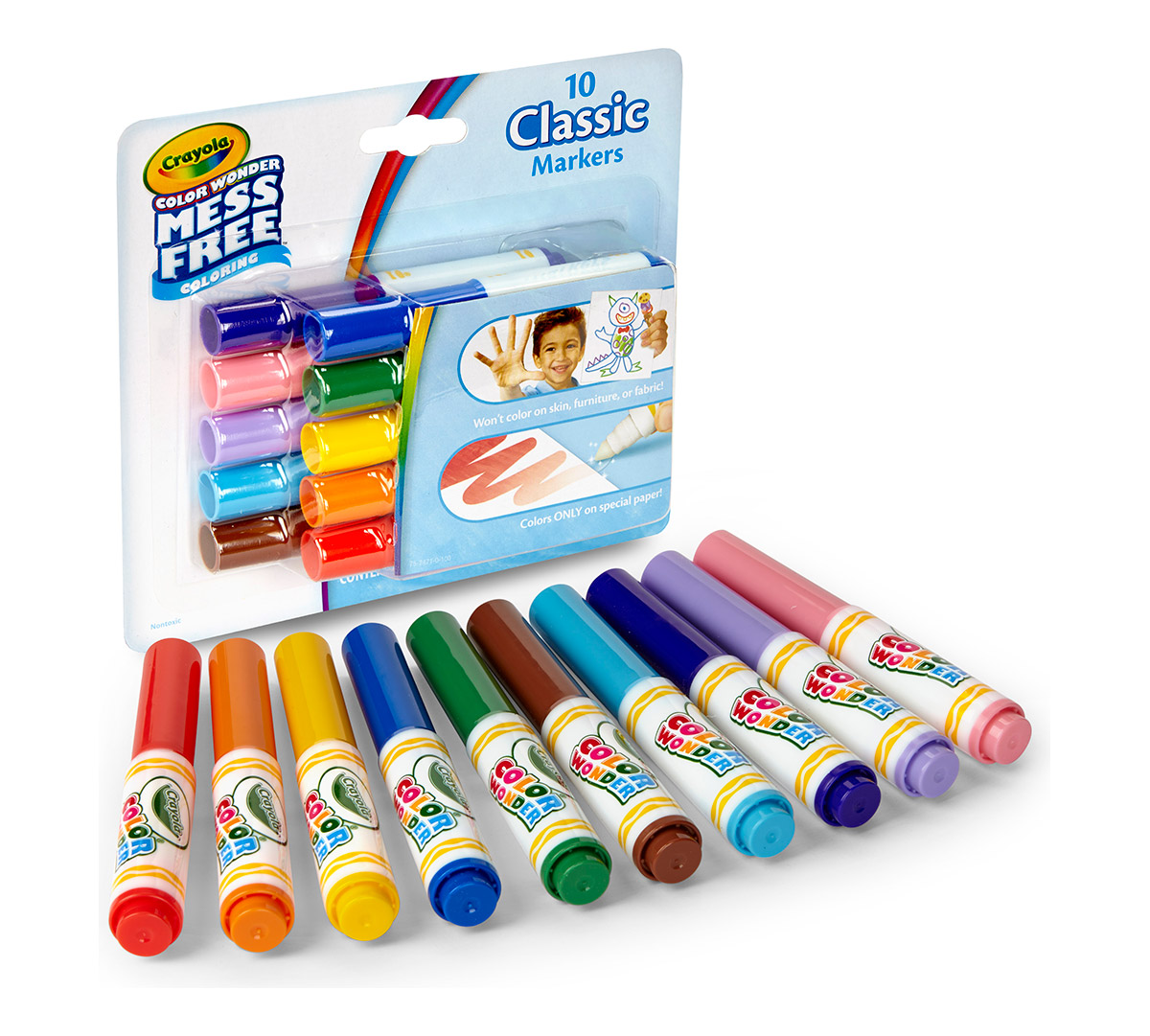 Color Wonder Mess Free Mini Markers, classic colors, 10 count. packaging and contents