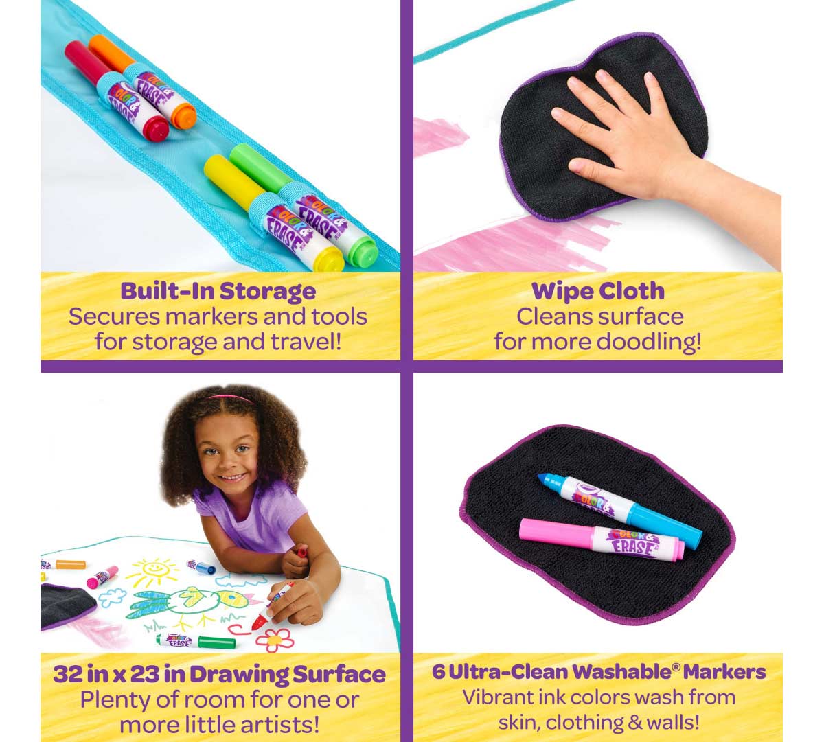  Built in storage secures markers & tools! Wipe cloth cleans surface for more doodling!  32in x 31in drawing surface plenty of room for 1 or more little artists. 6 Ultra-Clean Washable Markers vibrant ink colors wash from skin  clothing & walls!