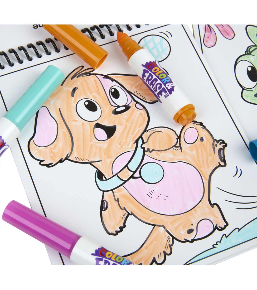 Color and Erast reusable activity pads  3 pack. Close up of puppy dog page colored in.