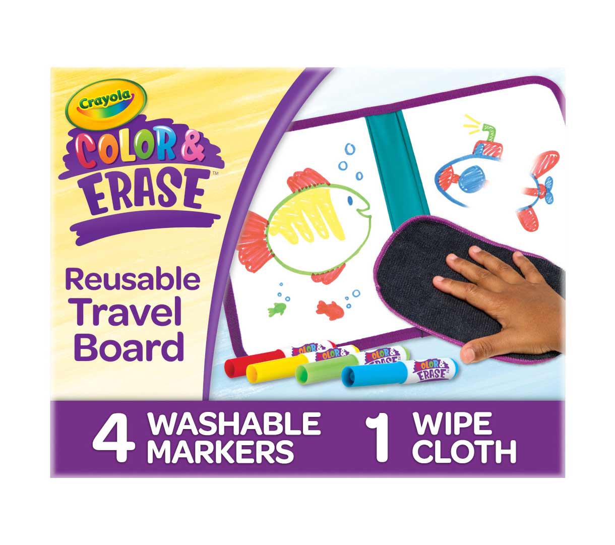 Color and Erase Reusable Travel Board. 4 washable markers  1 wipe cloth.