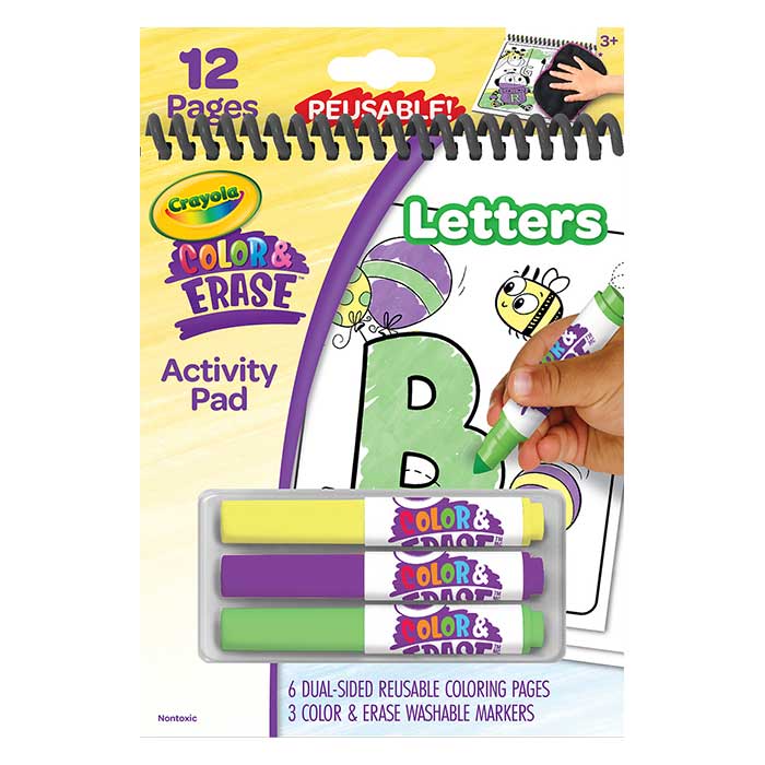 Color & Erase Reusable Activity Pad Letters front view.