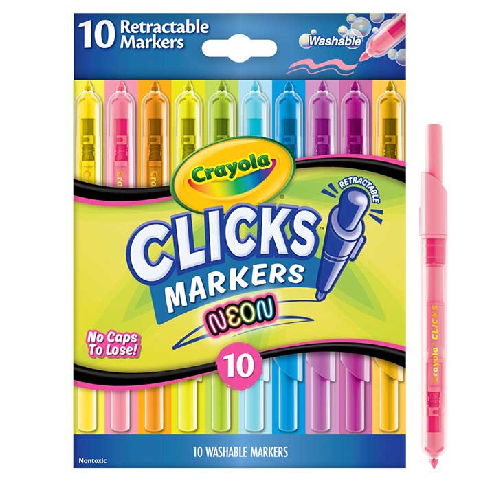 Clicks Retractable Markers, Neon, 10 Count front view with one maker standing on end.