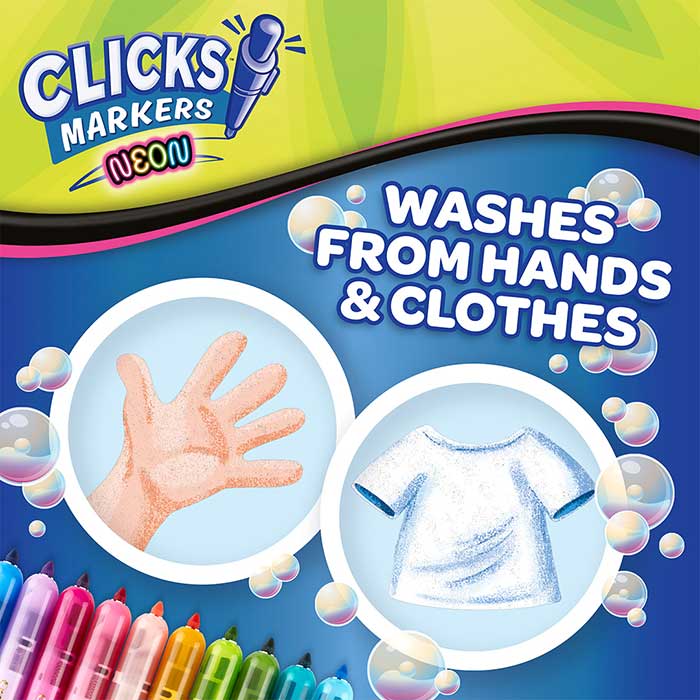 Clicks Retractable Markers, Neon, 10 Count washes form hands & clothes.
