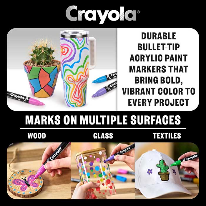 Durable bullet-tip acrylic Paint Markers that bring bold, vibrant color to every project. Marks on multiple surfaces. wood. glass. textiles.