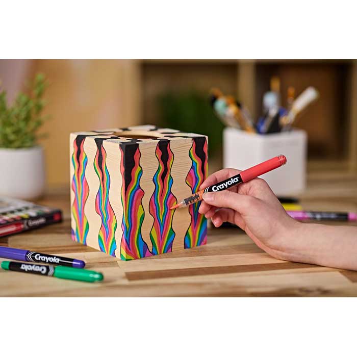 Brush Tip Acrylic Paint Markers, 10 count. decorating a tissue box with a  brush tip acrylic marker.