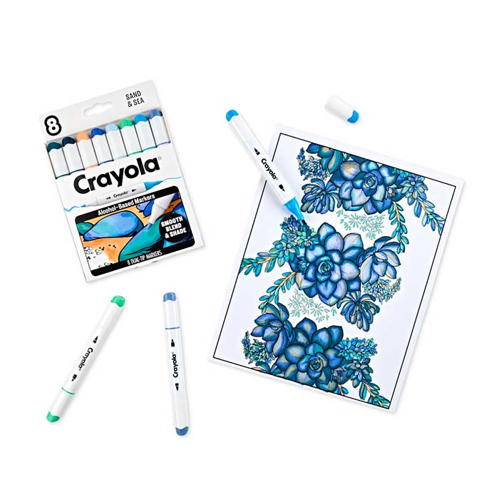 Dual-Tip Alcohol-Based Markers, Sand & Sea, 8ct packaging and select contents with colored page.