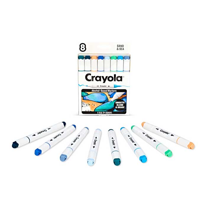 Dual-Tip Alcohol-Based Markers, Sand & Sea, 8ct packaging and contents.