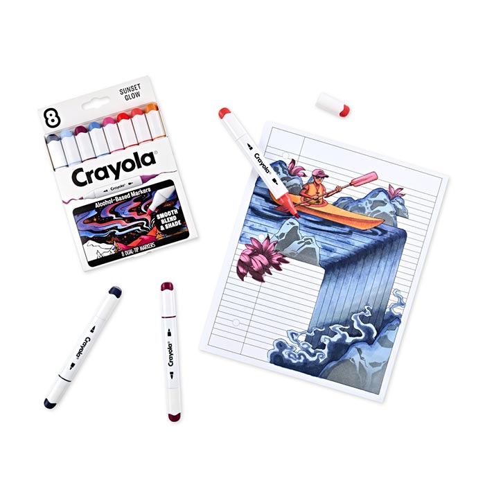 Crayola Color Collections Dual-Tip Alcohol-Based Markers - Sunset Glow (8ct) packaging and select markers with partially colored coloring page.