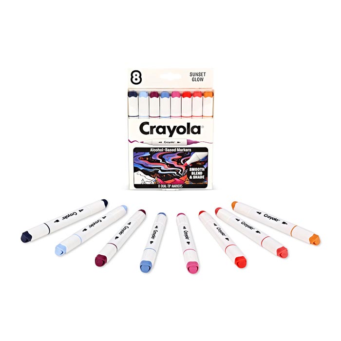Crayola Color Collections Dual-Tip Alcohol-Based Markers - Sunset Glow (8ct) packaging and contents.