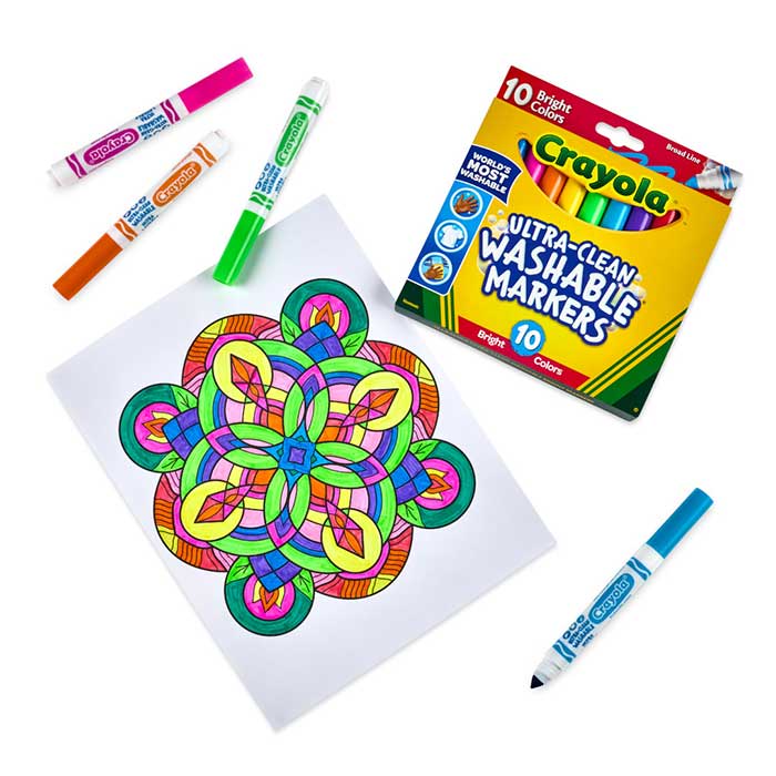 Ultra-Clean Markers, Broad Line, Bright, 10 ct.. packaging, contents and completed coloring page.