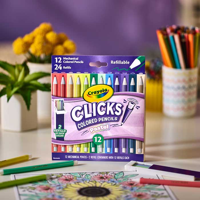 Crayola Clicks Mechanical Colored Pencil Set, 12 Pastel Colors. Packaging and contents on a table.