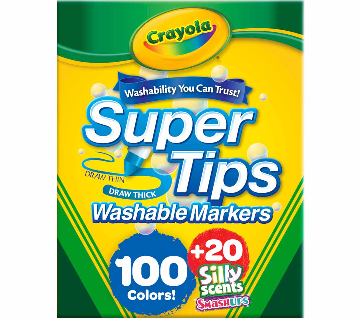 100 count super ttips washable markers with 20 count silly scents smash ups markers. front view.