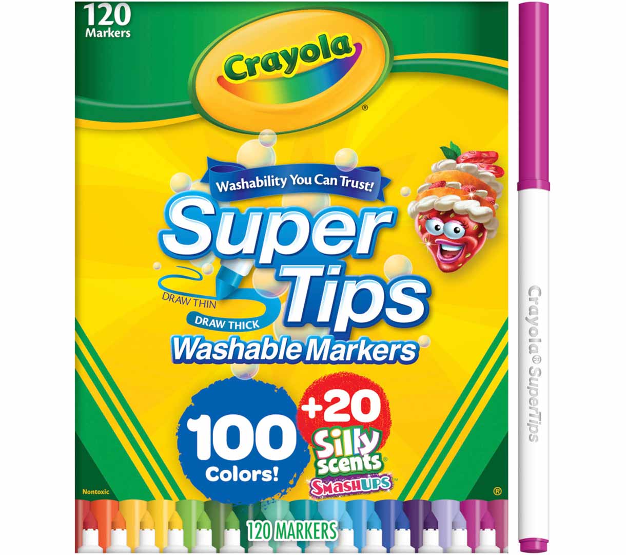 100 count super ttips washable markers with 20 count silly scents smash ups markers. Box next to one marker standing on end.