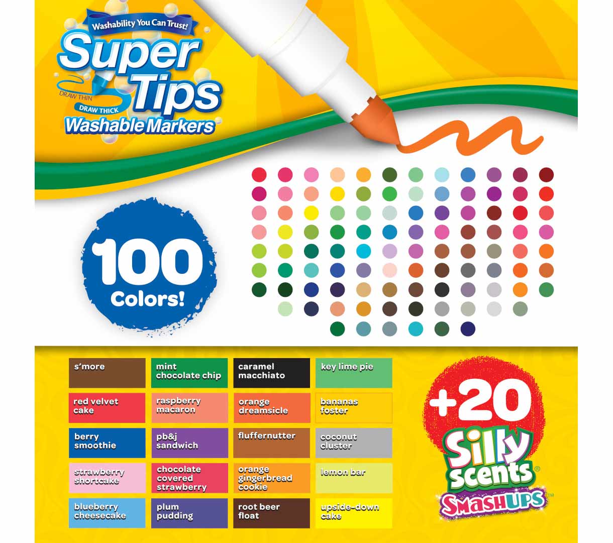 100 count super ttips washable markers with 20 count silly scents smash ups markers. 100 colors + 20 siclly scents smash ups. color swatches.