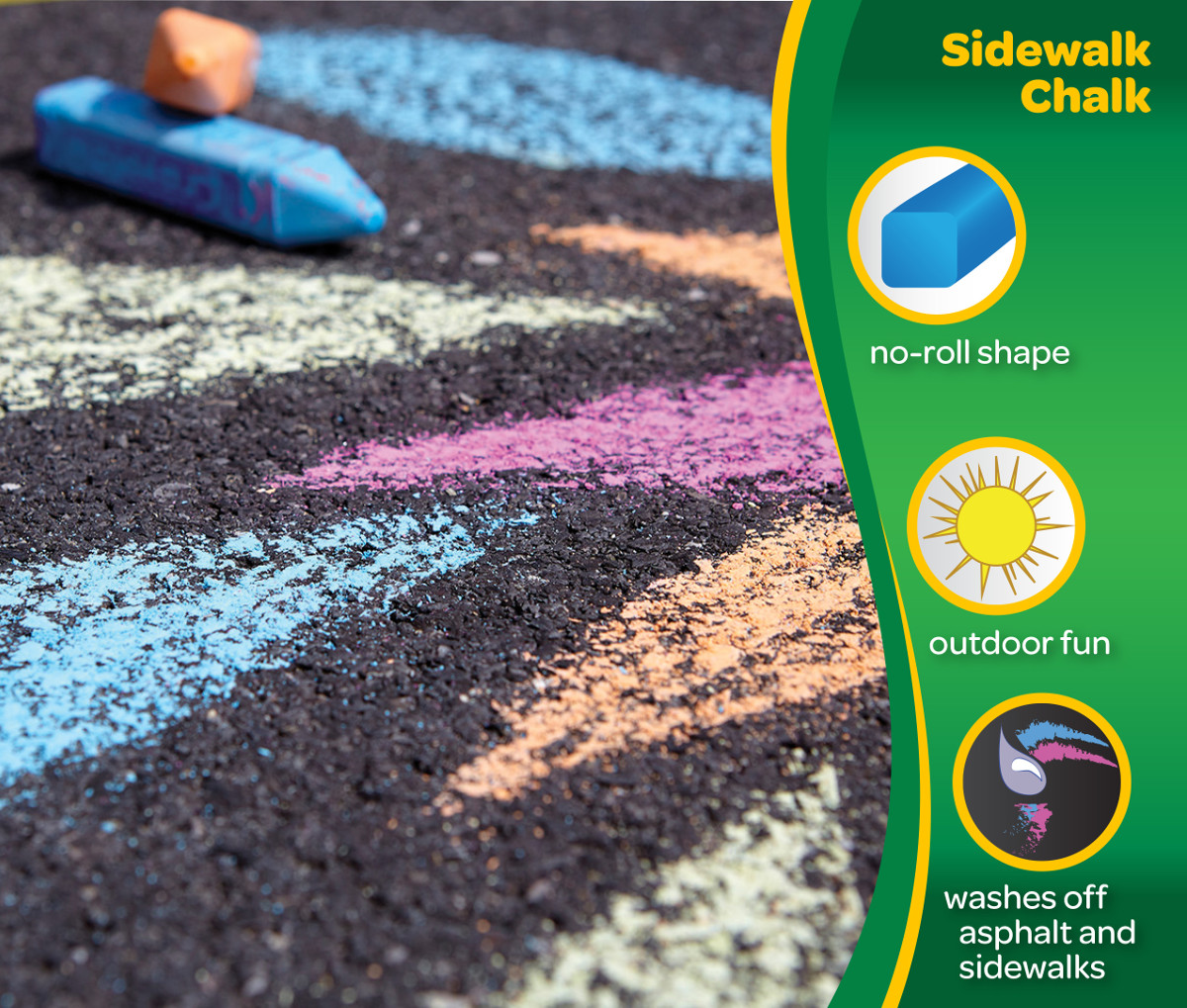 Washable Sidewalk Chalk  24 count. No roll shape. Outdoor fun. Washes off asphalt and sidewalks.