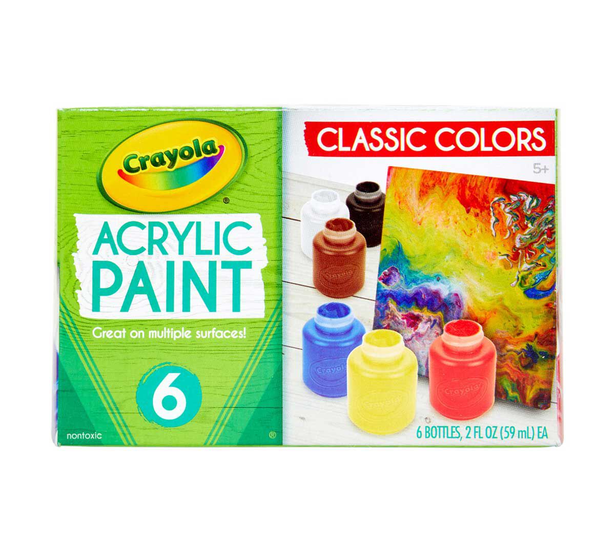 Acrylic Paints, bold, 6 count. front view.