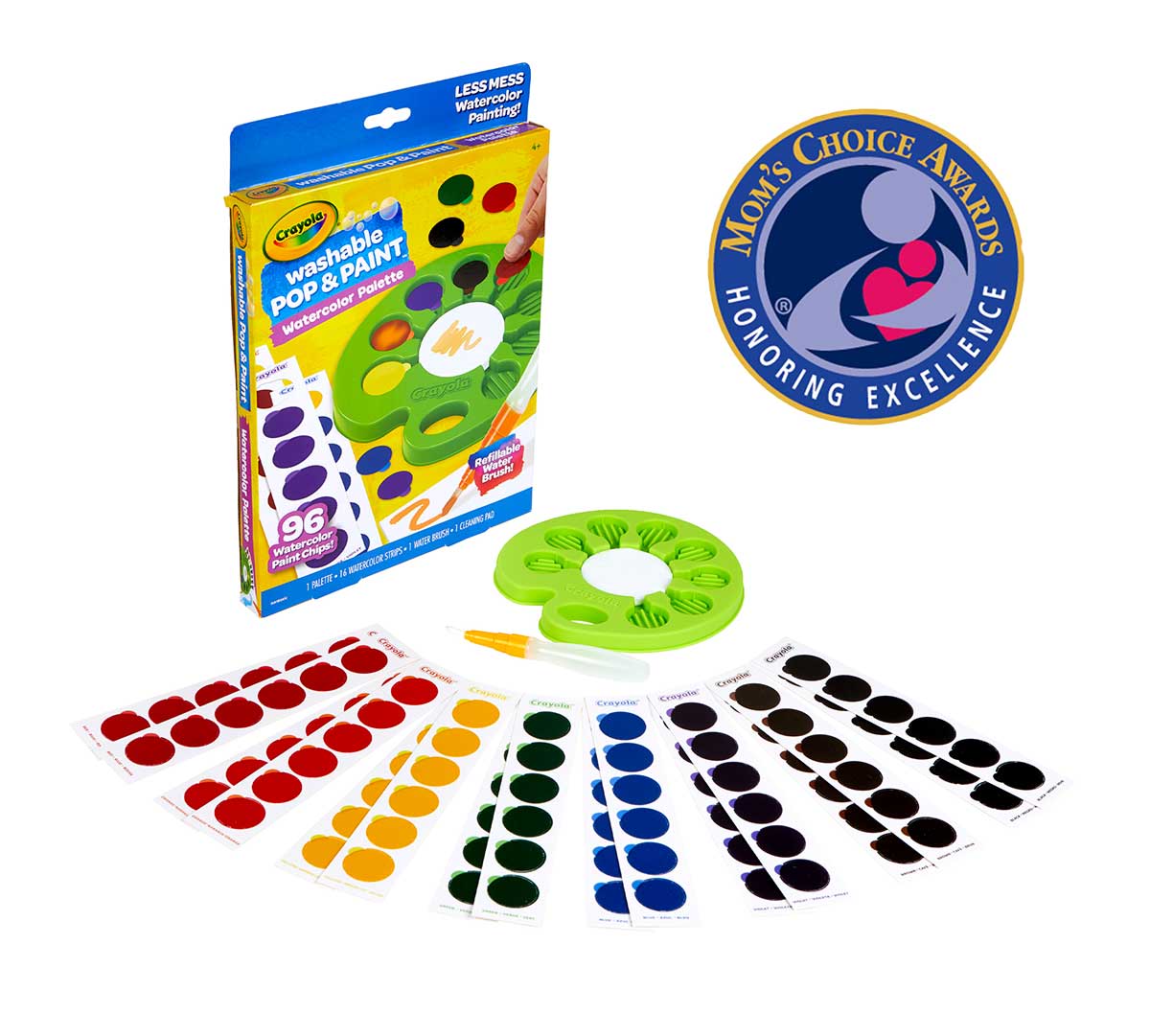 Washable Pop & Paint Watercolor Palette packaging and contents with 2022 Mom's Choice Award seal