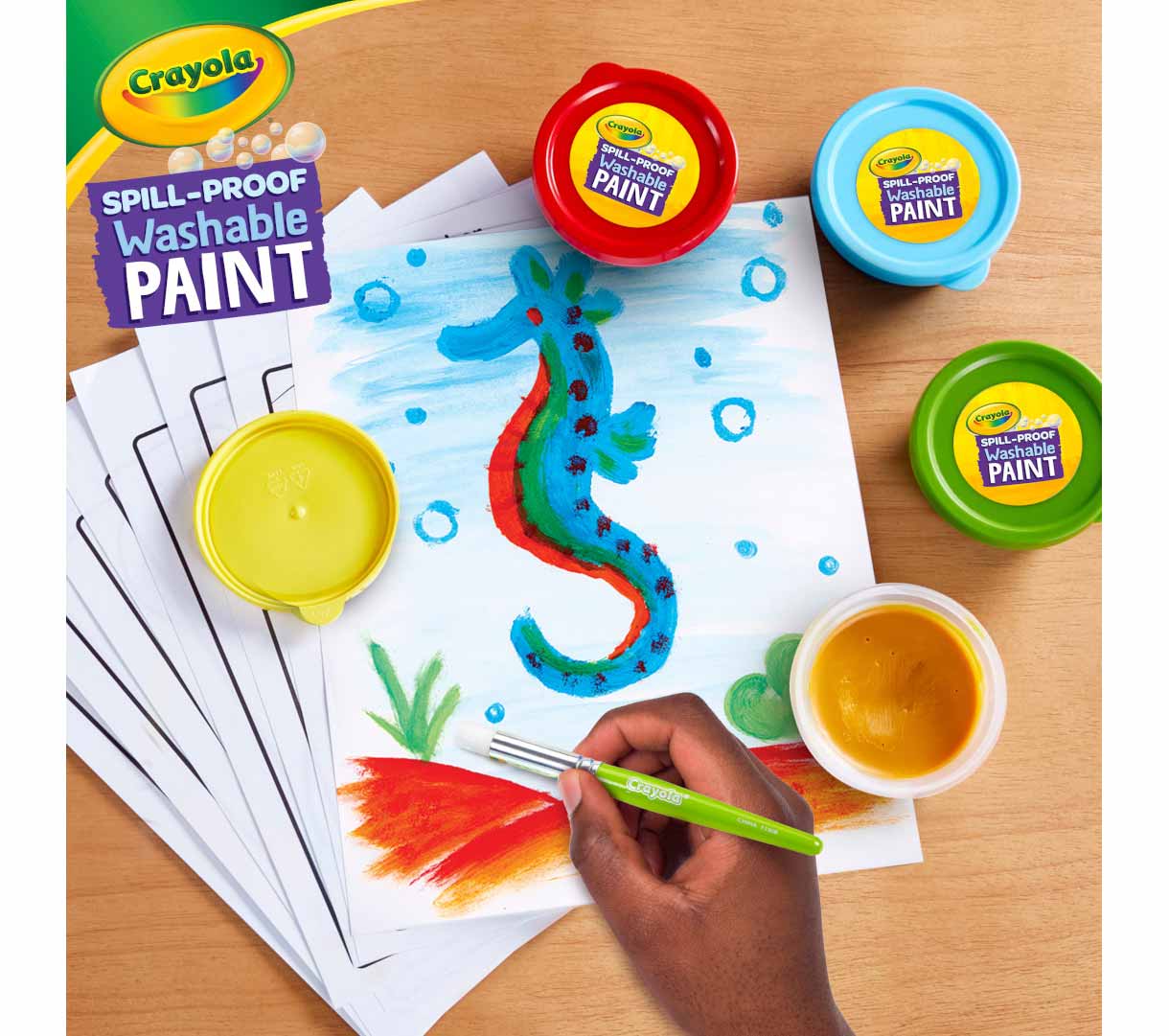 Spill Proof Washable Paint  5 count. Seahorse painting surrounded by 5 paint cups.