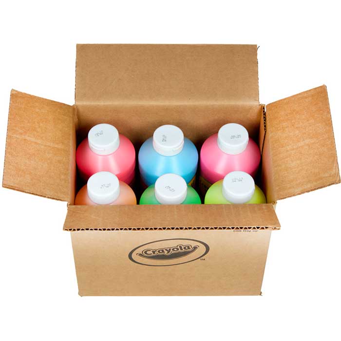 Fluorescent Tempera Paint, 6 Count 16 Ounce Bottles. Open packaging with contents.