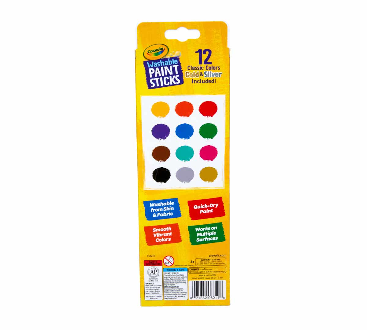 12 Count Quick Dry Washable Paint Sticks back view