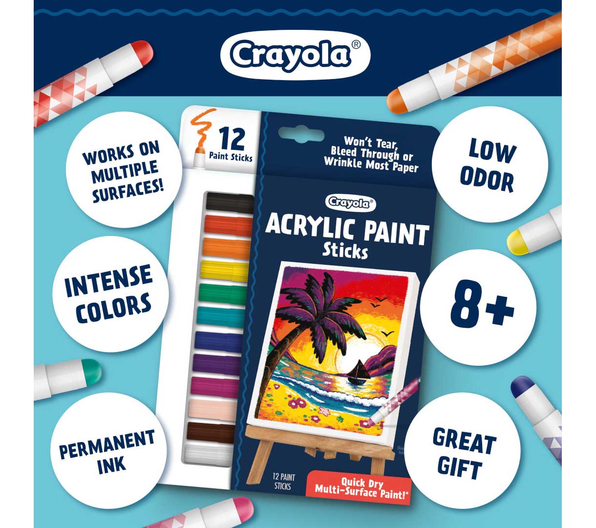 Acrylic Paint Sticks  12 count. Works on multiple surfaces. Low odor. 8+ Great gift. Permanent ink. Intense Color
