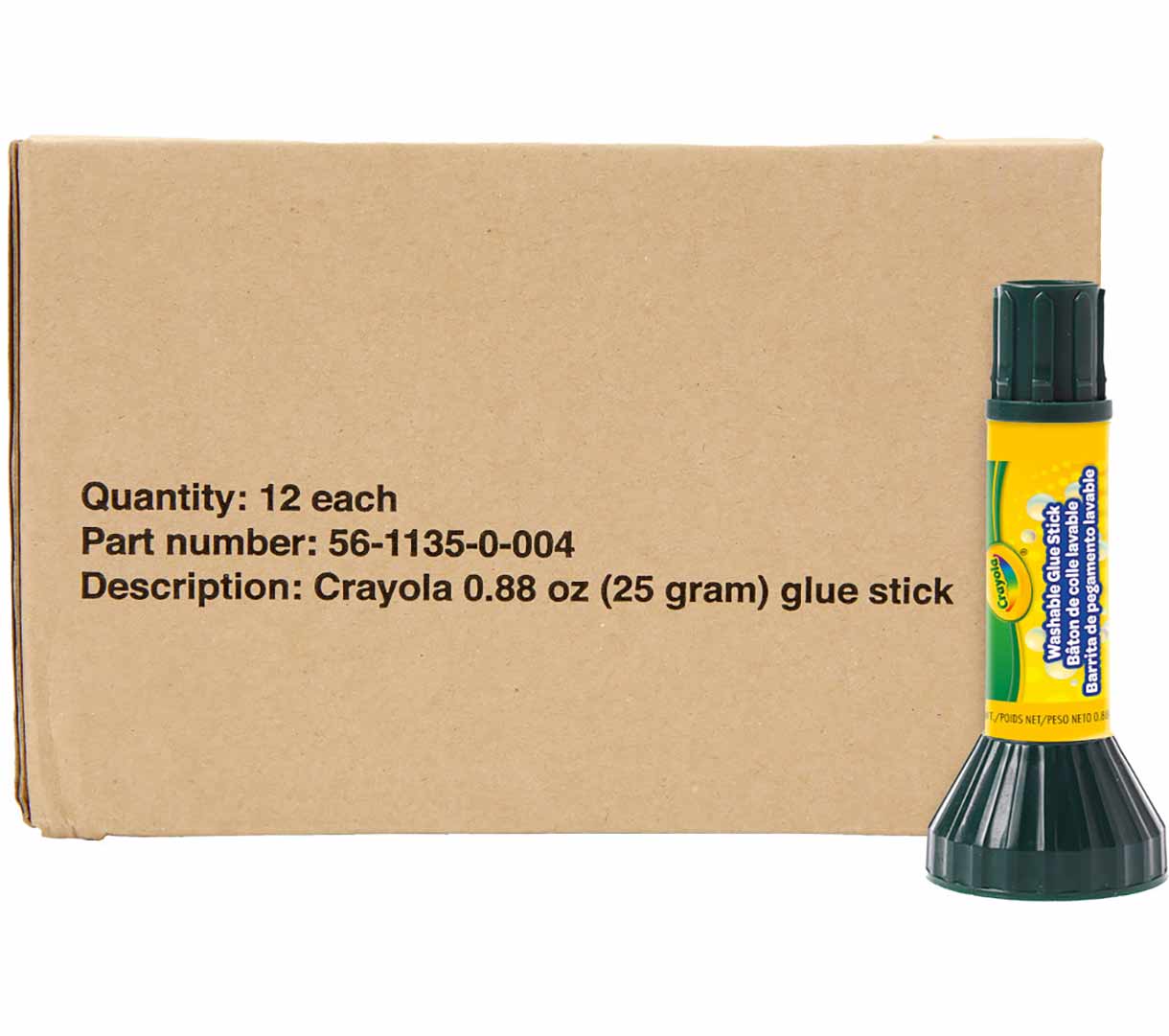Glue Sticks (Bulk Pack)  12 per box. One glue stick standing next to packaging.