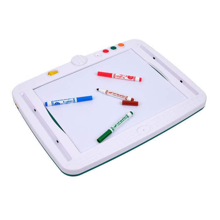 Crayola Story Creator, Interactive Sound Tablet for Kids top view with paper and markers.