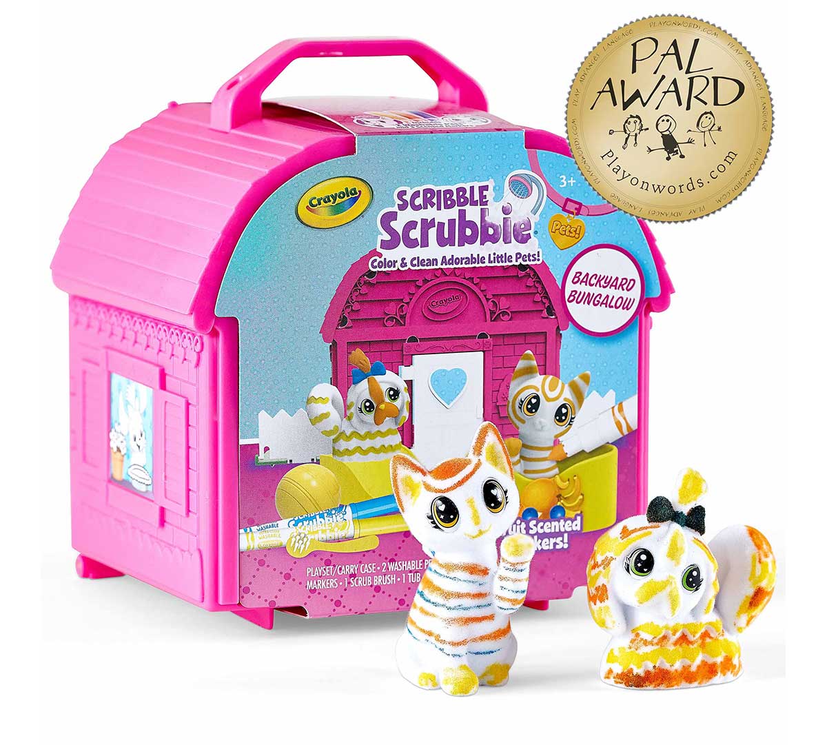 scribble Scrubbies Barnyard Bungalow front of packaging and 2 pets pets with Pal Award seal.