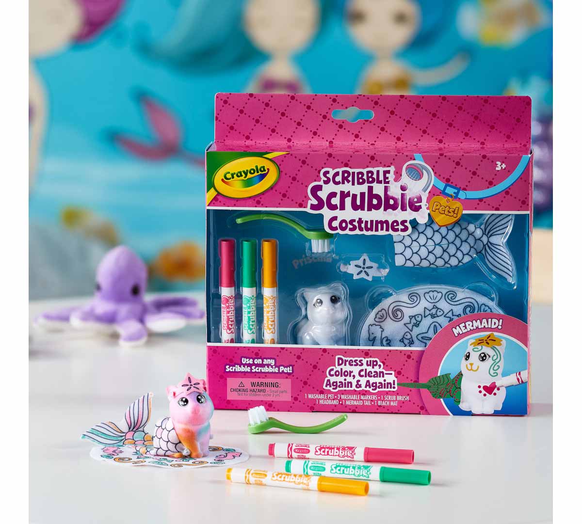Scribble Scrubbie Pets Mermaid Playset packaging and contents on table.